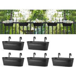 Dahey 5 Pcs Metal Iron Hanging Flower Pots for Railing Fence 15.7 Inch Hanging Bucket Pots Countryside Style Window Flower Plant Holder with Detachable Hooks for Garden Yard Home Decor, Black