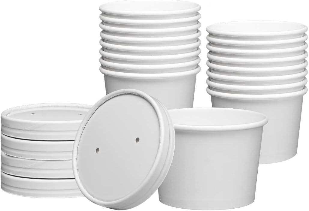 GUSTO 8 oz. White Paper Food Containers with Vented Lids [25 Count] To Go Hot Soup Bowls, Disposable Ice Cream Cups, Ideal for Hot and Cold Foods - (Formerly Comfy Package)
