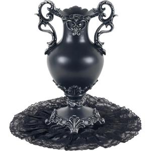 Gothic Victorian Resin Vase with Lace Doily  Waterproof 14" Black/Silver Vase for Fresh and Artificial Flowers  Goth Home Decor, Gift, Black Wedding or Halloween Table Centerpiece