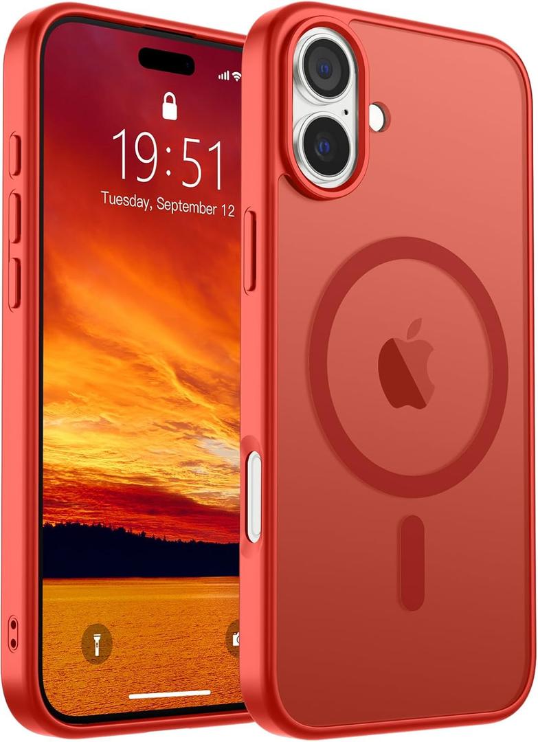 SUPFINE Magnetic for iPhone 16 Case (Compatible with MagSafe) (Military Grade Drop Protection) Slim Translucent Matte Shockproof Phone Cover,Red