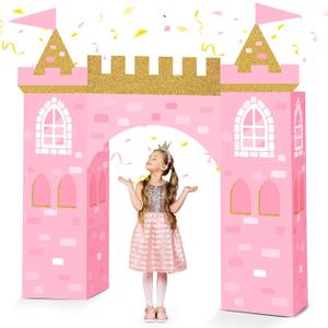 Bucherry 13 Pcs Princess Party Decorations Pink Princess Cardboard Castle Playhouse Large Royal Castle Girl Birthday Party Decoration 43 x 51 Cardboard Fort for Pink Baby Shower Decorations Kit
