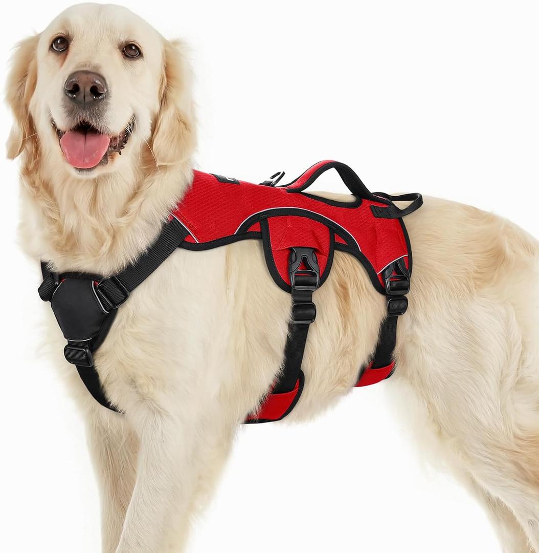 Rabbitgoo Escape Proof Dog Harness, Soft Padded Full Body Pet Harness, Reflective Adjustable No Pull Vest with Lift Handle and Leash Clip for Large Dogs Walking Hiking Training, L, Red (Large (Pack of 1))