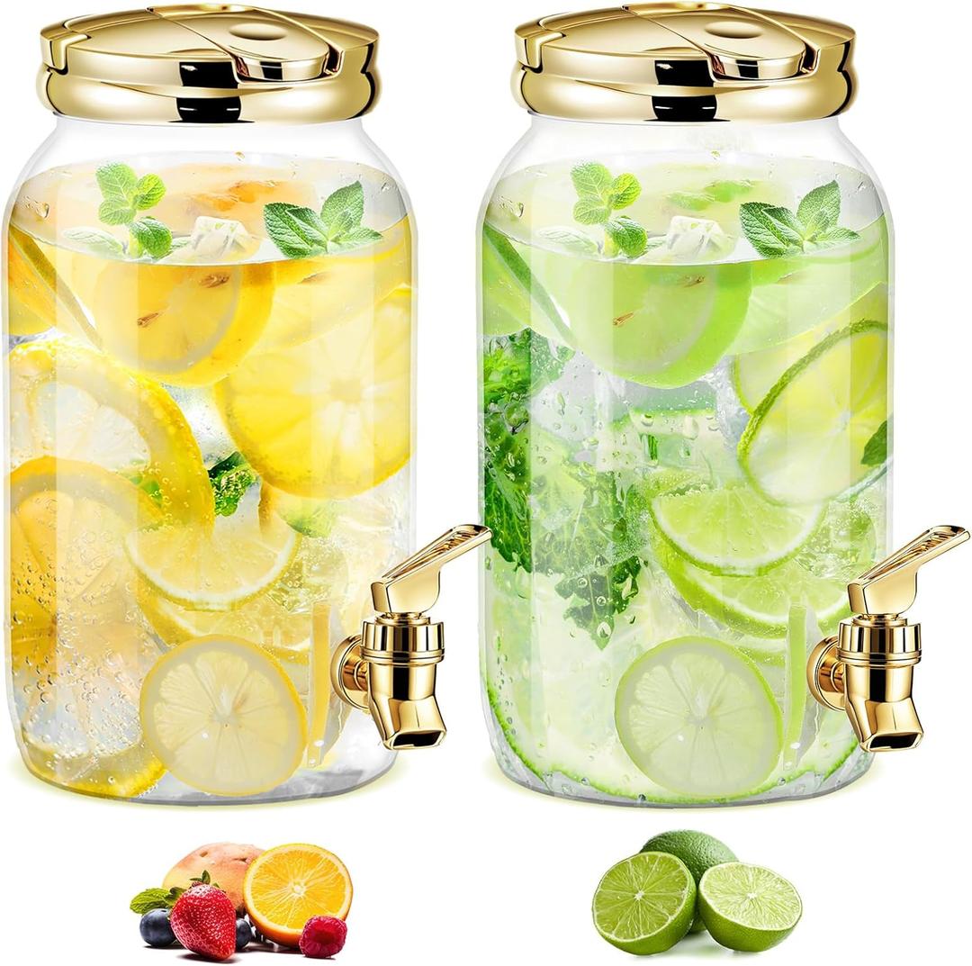 Havawish 2 Pcs 1 Gallon Plastic Beverage Dispenser with Spigot Clear Summer Kitchen Fridge Drink Dispenser for Parties Lemonade Juice Tea Beer Cold Water(Gold,Cylinder)