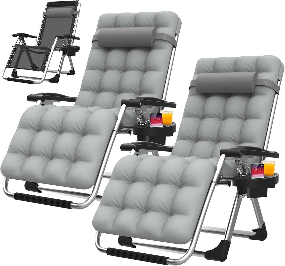 Suteck Zero Gravity Chair Set of 2, Reclining Camping Lounge Chair w/Removable Cushion, Upgraded Lock and Cup Holder, Reclining Patio Chairs Folding Recliner for Indoor and Outdoor (2pcs Dove Gray)