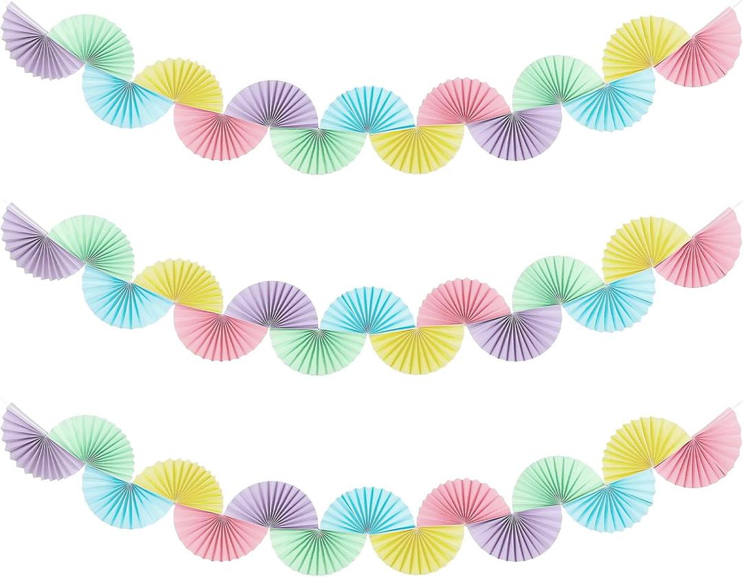 3 Pack Wedding Paper Fans Garland 15.6ft Colorful Background Ceiling Hanging Decorations Paper Garland Decorations Set for Birthday Party Supplies 3D Bachelorette Party Decorations (Pastel)