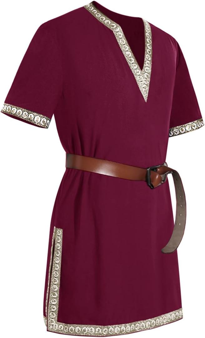 Mens Medieval Knight Tunic Renaissance Mercenary Scottish Costume Warrior LARP Halloween Tops (X-Large, Dark Red)
