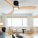 VACILL Flush Mount Ceiling Fan with Light,Low Profile Ceiling Fan,Wooden Fan Blades,6 Speed,LED Dimmable,DC Motor,52 inch,Natural Wood Blade