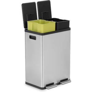 SIMPLI-MAGIC 60 Liter / 16 Gallon Rectangular Hands-Free Dual Compartment Recycling Kitchen Step Trash Can with Soft-Close Lid, Brushed Stainless Steel