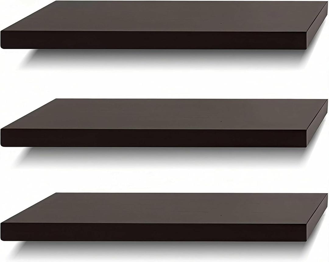SAUMONIERES Floating Shelves Wall Shelf Solid Wood for Bathroom Bedroom Kitchen Set of 3, Espresso Wall Shelves