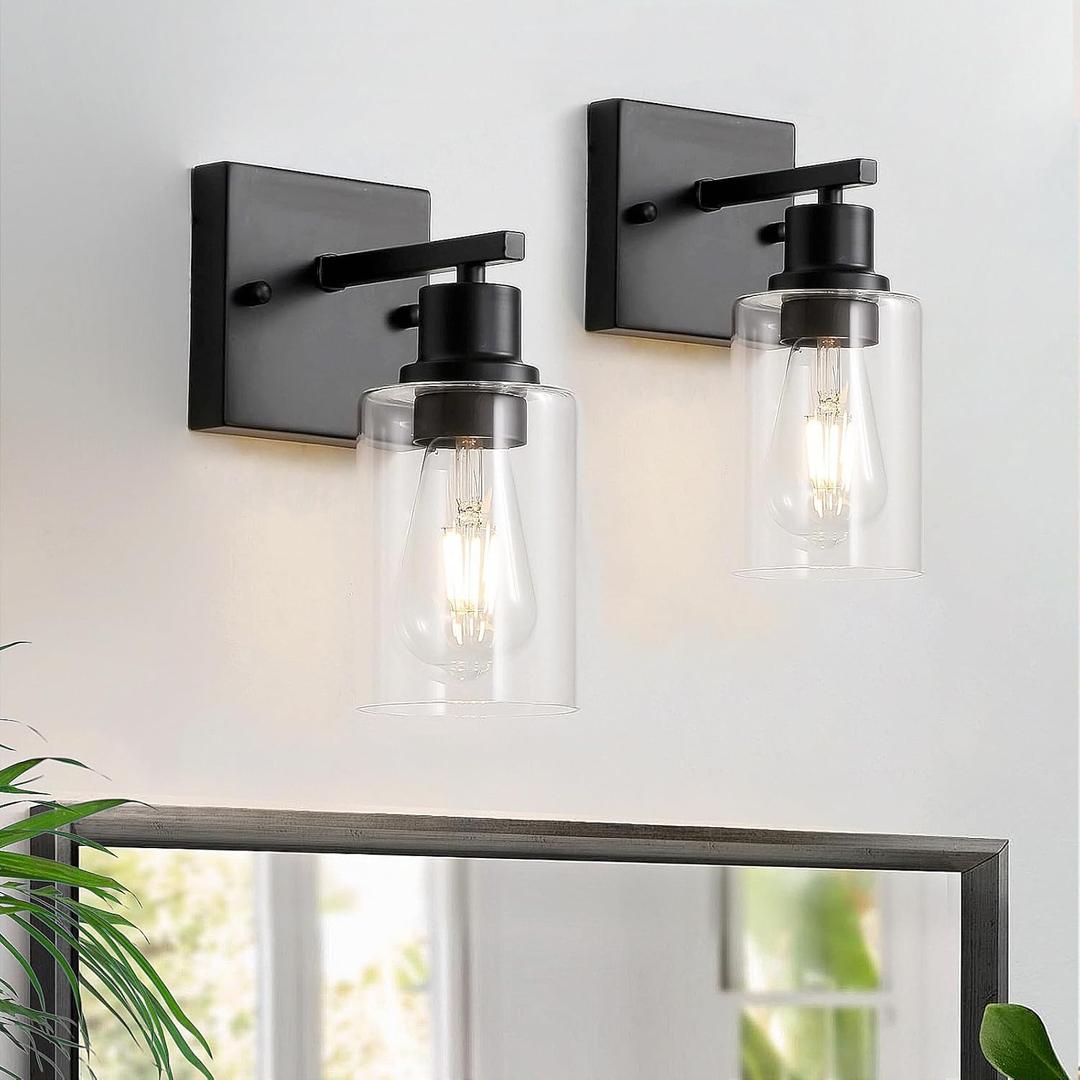 Jodauirt Hallway Wall Sconces Set of 2,Farmhouse Modern Wall Lights Bathroom Matte Black Vanity Lights fixtures with Glass Shade, Hallway Wall Lights for Bedroom,Living Room