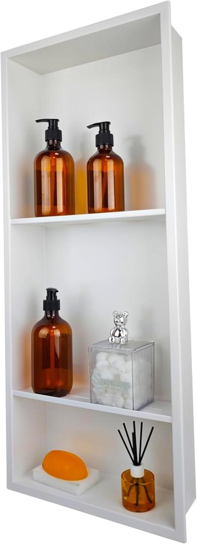No Tile Needed Shower Niche for Bathroom Storage,Recessed Wall Niche,Three-Tier Shelves,Stainless Steel 12"×30" Matte White (White, 30 * 12 in)