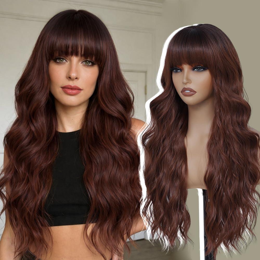 Long Auburn Wigs with Bangs 26Inch Wavy Curly Reddish Hair for Women Tangle Free Soft Natural Looking Premium Heat Resistant Protein Fiber Daily Party Use