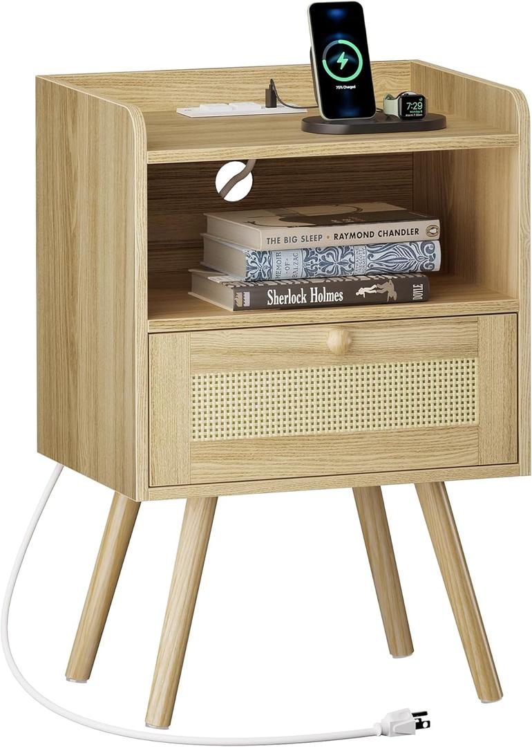 SUPERJARE Nightstand with Charging Station & Rattan-Like Decor Drawer, Rattan End Table with Solid Wood Feet, Bed Side Table with Open Storage, for Bedroom, Living Room, Dormitory - Natural (11.8"D x 15.9"W x 23.4"H (1 Drawers))