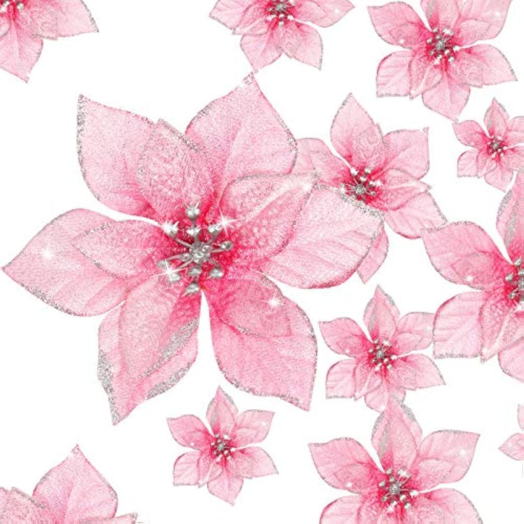 WILLBOND 36 Pcs 3 Size Christmas Poinsettia Christmas Tree Flowers Glitter Faux Flowers Decoration Artificial Poinsettia Ornaments for New Year Home Outdoor Decoration(3/4/ 6 Inch,Pink)