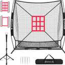 BAGAIL 7x7 ft Baseball & Softball Practice Net with Bow Frame for Batting, Hitting, Pitching, Portable Baseball Throwing Net with 2 Strike Zone Batting Tee, Carry Bag, Great for All Levels (Black)