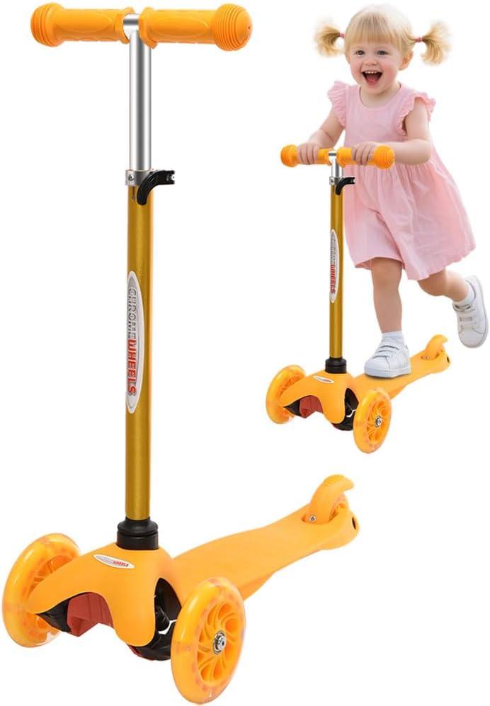 ChromeWheels Mini Scooter for Toddlers, Deluxe 3-Wheeled Scooters for Kids, 4 Adjustable Height Glider with Kick Scooters, Lean-to-Steer with LED Light-Up Wheels for Ages 3-6 Girls Boys (Yellow)