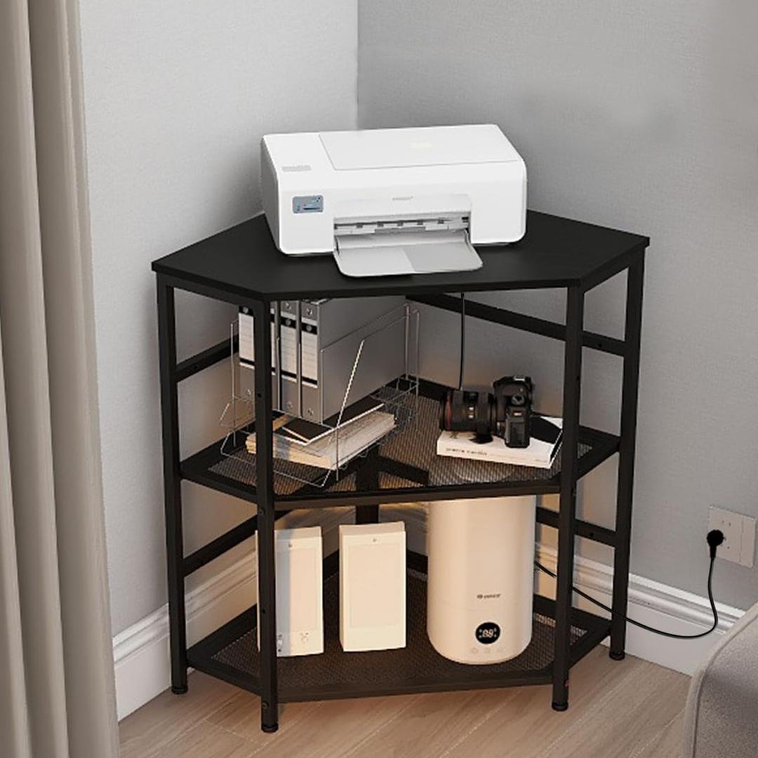 VEDECASA Corner Printer Stand Table with Power Outlet Charging Plugs USB Port Adjustable Storage Shelf Computer Tower CPU Stand Holder for Home Office (Black)