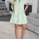 Wenrine Womens Summer Striped Mini Dresses Puff Short Sleeve Loose Fit Casual Button Collared Shirt Dress with Pockets, Light Green, Large