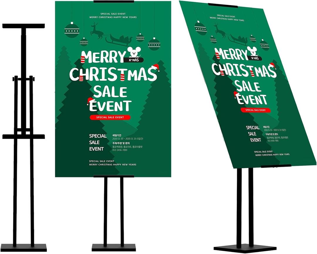 ONCEMORE Heavy Duty Sign Stand, Floor Poster Board Stand, Adjustable Metal Sign Holder Height Up to 60 Inches and 180° Rotation Display Standing Pedestal for Board & Foam, Black