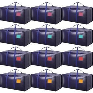 12 Pack Moving Bags with Full-Open Side Zipper, Extra Large 93L Heavy Duty Waterproof Foldable Storage Totes for College Dorm, Moving & Home Organization, Dark Blue