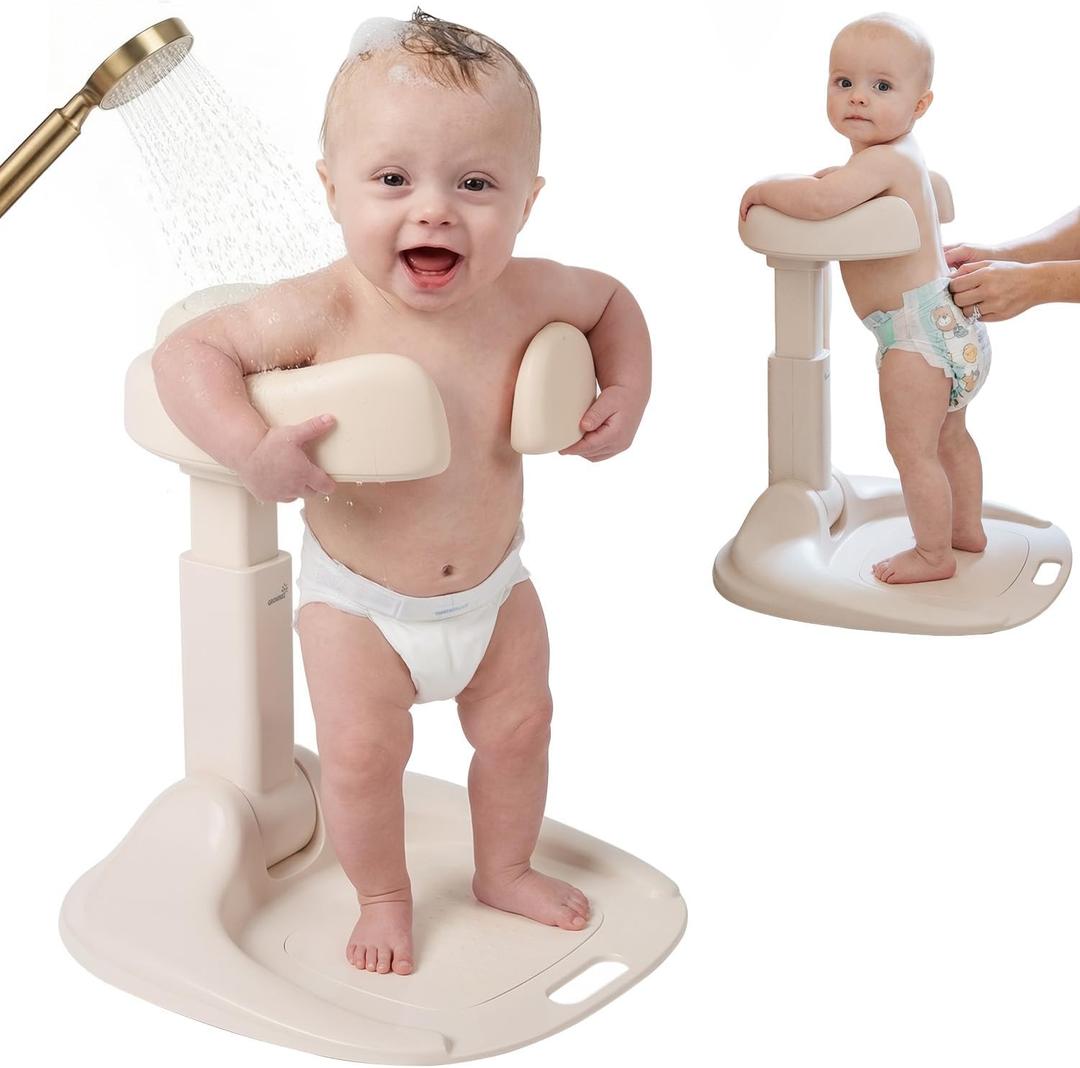 GROWNSY Baby Bath Stand for Babies 6 Months & Up, Foldable Baby Shower Stand for Infants and Toddlers, Adjustable Baby Shower Standing Support With Shower Holder