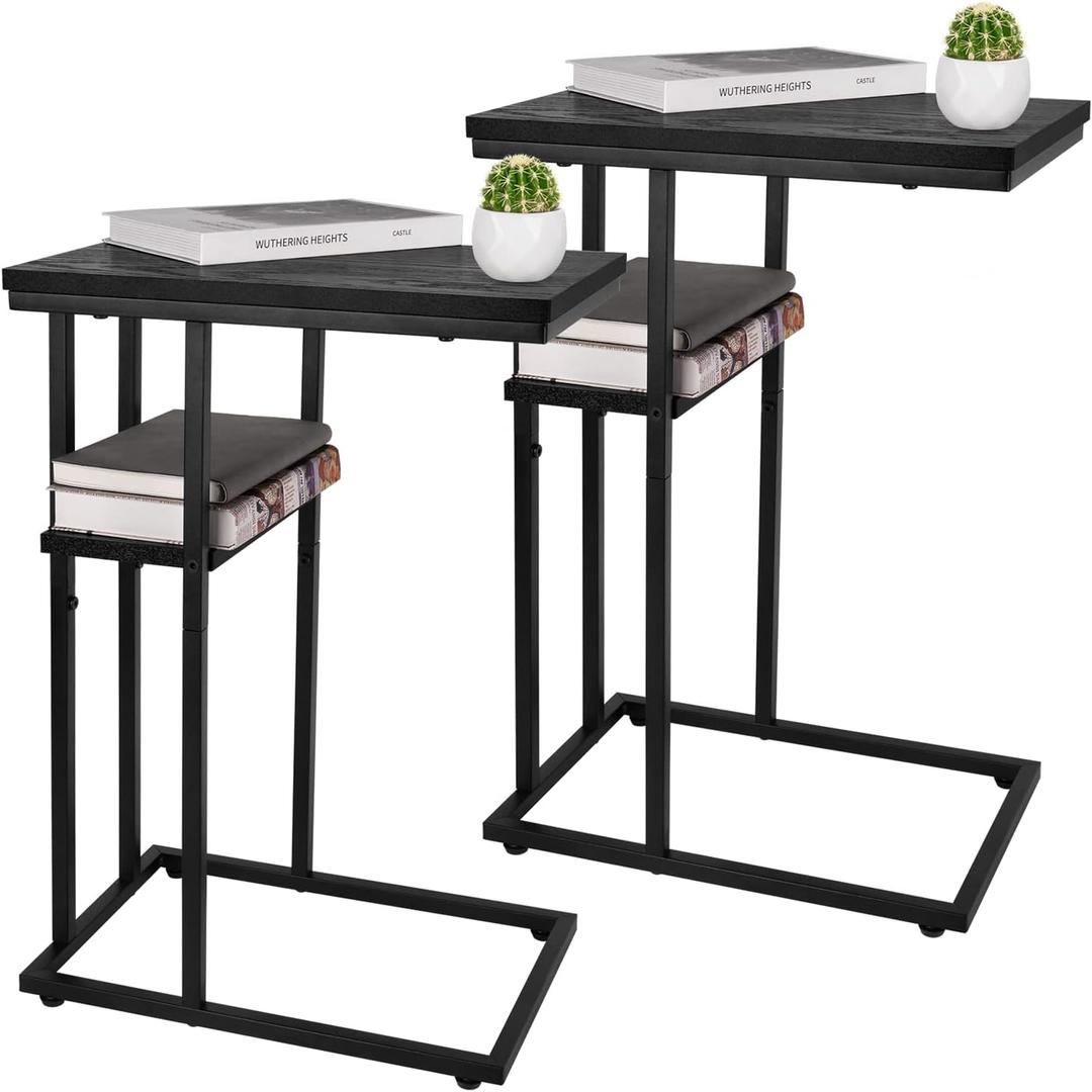 Yoobure C Shaped End Table Set of 2, Side Table Living Room, Couch Tables That Slide Under Couch Tables with Metal Frame, Rustic Snack Table for Bedroom/Small Spaces Large Desktop