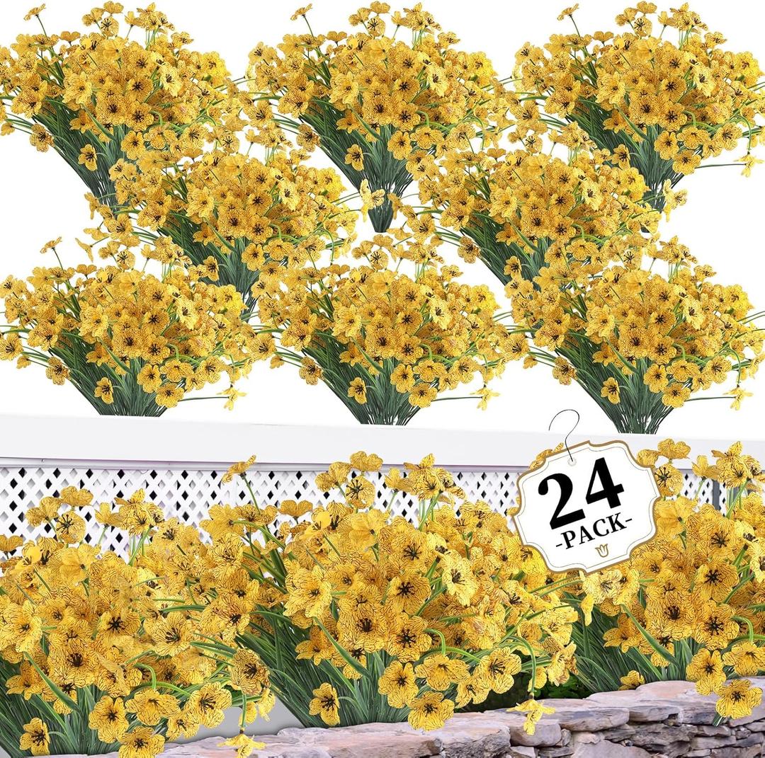 ColoPlay 24 Yellow Bundles Artificial Flowers for Outdoors/Indoors Fake Flowers Plants for Indoor Outside Garden Porch Window Box Home Wedding Farmhouse