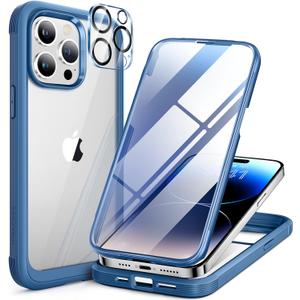 Miracase Glass Series Designed for iPhone 14 Pro Max Case 6.7 Inch, Upgrade Full-Body Bumper Case with Built-in 9H Tempered Glass Screen Protector, with Camera Lens Protector, Capri Blue