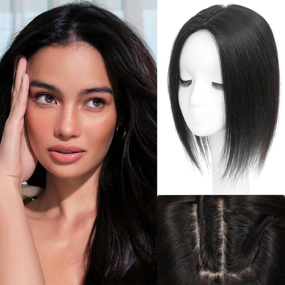 Rootoo Hair Toppers for Women Real Human Hair, 14 Inch Realistic Biological Scalp Topper Hair Pieces for Women with Thinning Hair, Clip in Curtain Bangs Big Base 360 Cover (Black, 14 Inch)