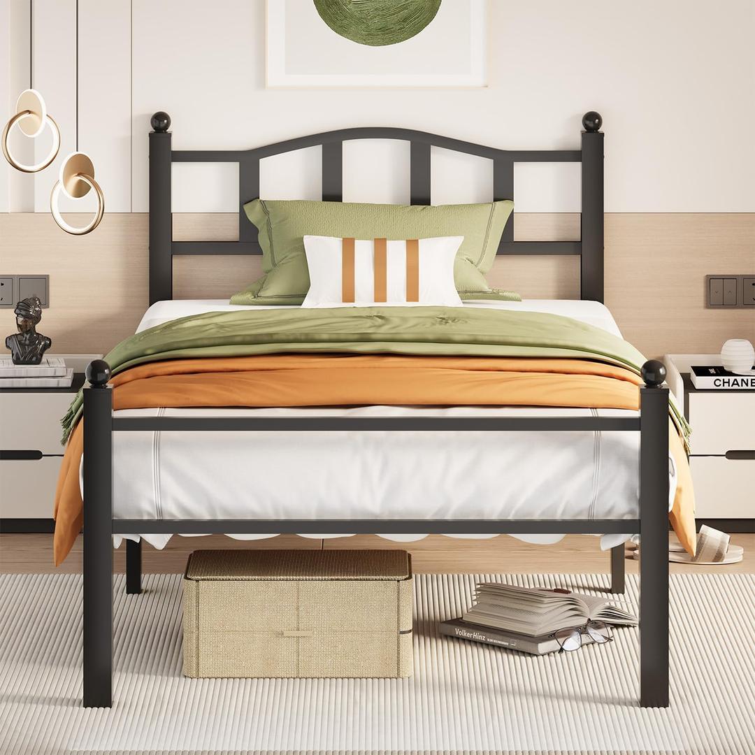 Metal Twin Size Bed Frames with Headboard,Heavy Duty Sturdy Mattress Foundation,12in Under Bed Storage Space,Noise-Free Design & No Box Spring Needed,Easy Assembly,Tools Free,Black
