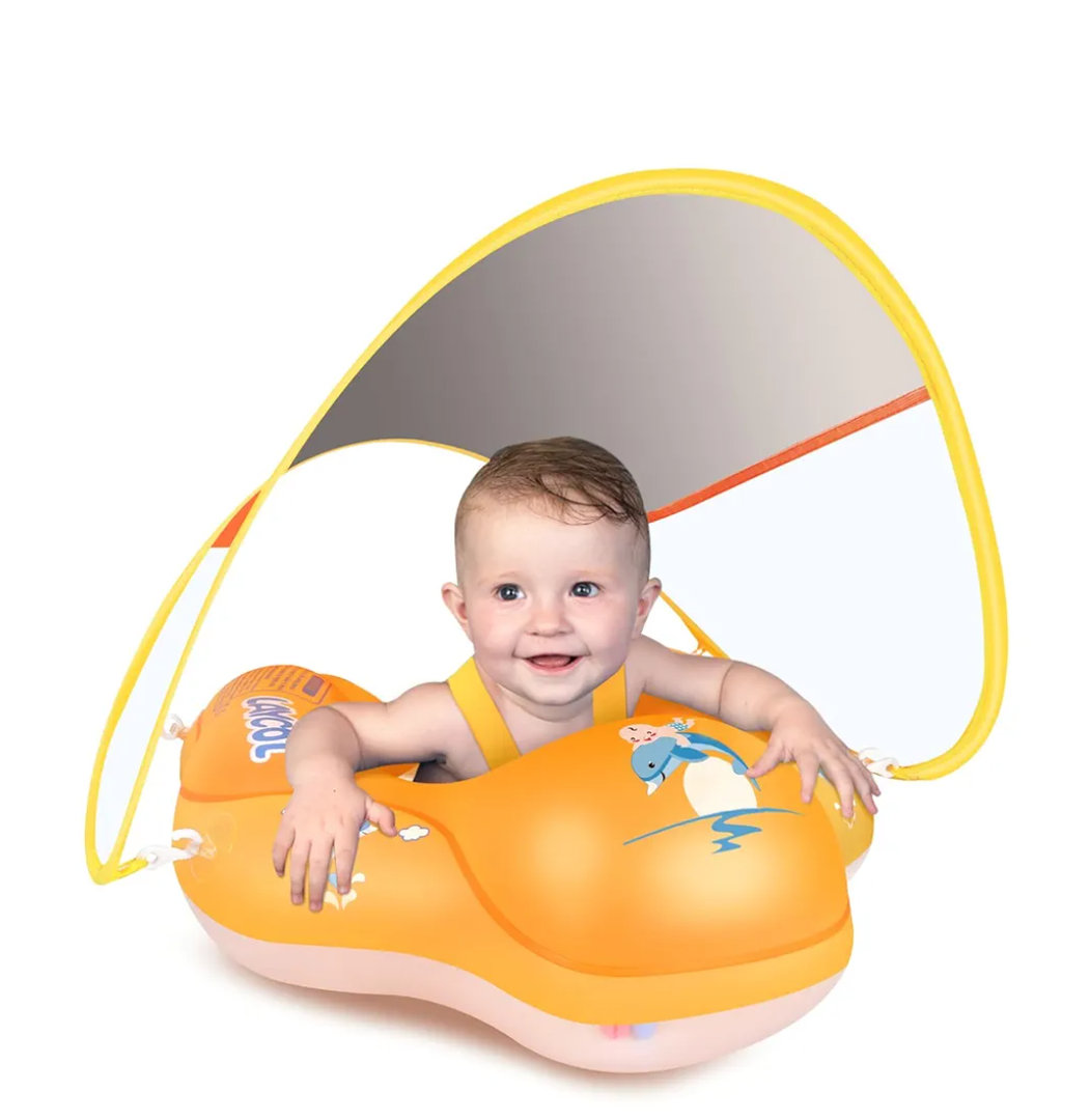 LAYCOL Baby Swimming Float Inflatable Baby Pool Float Ring with Sun Protection Canopy,add Tail no flip Over for Age of 3-36 Months