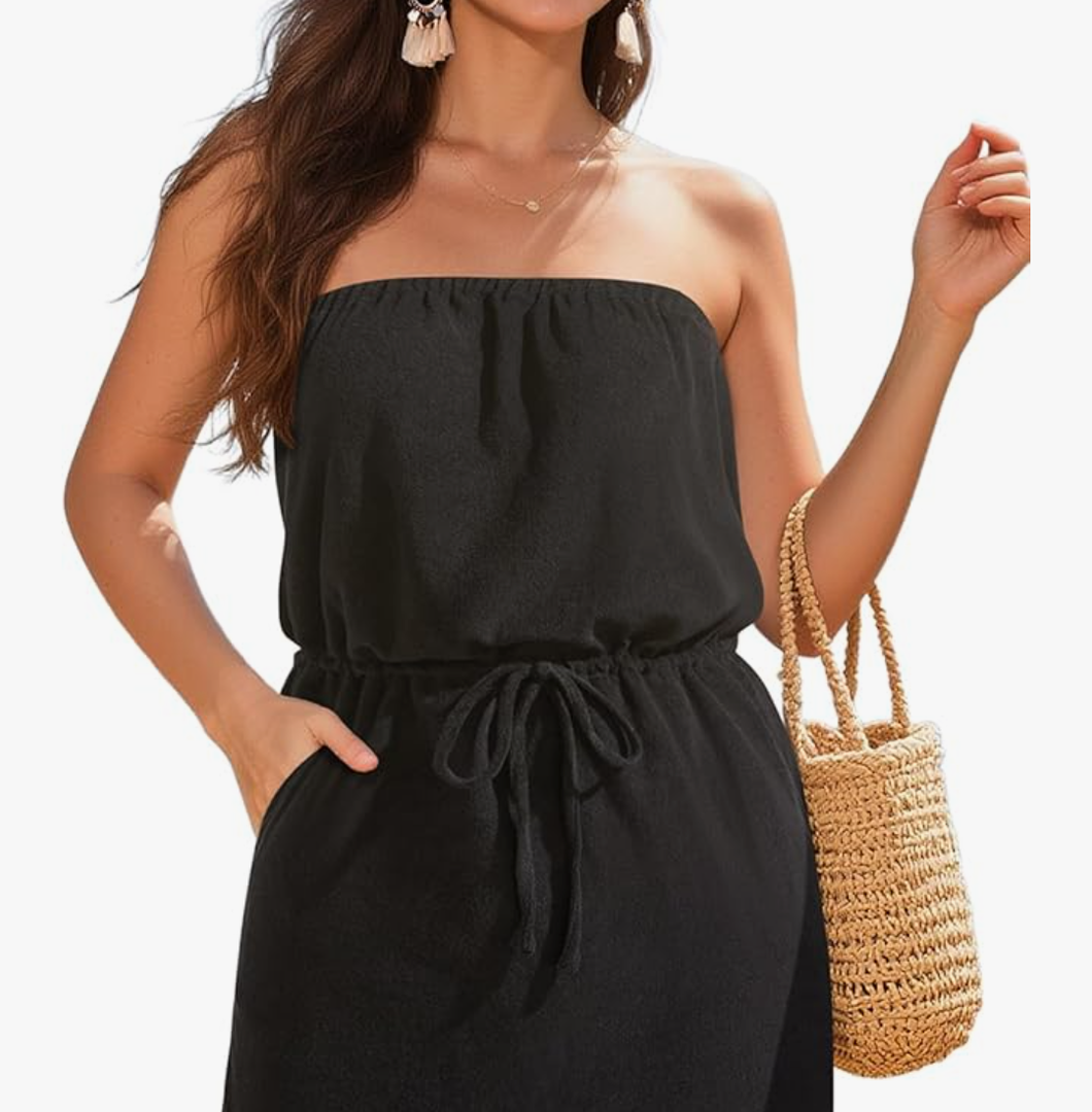 Swimsuit Cover Up Terry Cloth Strapless Dress Drawstring with Pockets, S