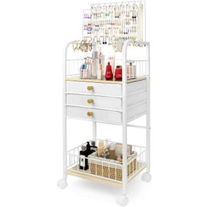 Large Jewelry Holder Organizer, Jewelry Display Stand with 3 Jewelry Box Drawers, Earring Storage Organizer Necklace Rack Jewelry Towers for Necklace Earring Bracelet Ring Watch (White)