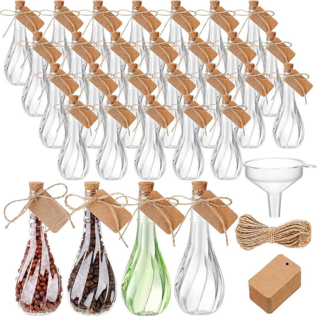 Lounsweer 30 Pack 5 oz Plastic Potion Bottles with Caps Clear Sand Art Bottles with Twine and Tags Souvenir Jars Bulk Wish Candy Jar for DIY Wedding Party Favors Decoration(Cork Stopper)