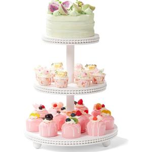 VIVIRBIEN Wooden Cupcake Stand Holder3-Tierd 14in White Round Cake Stand with Beads,Dessert Table Display for 30 Cupcakes,Easy to Assemble and with Instruction,Great for Wedding/Party/Birthday/Home Decor