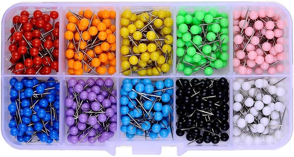 600 PCS Multi-Color Push Pins Map Tacks,1/8 inch Round Head with Stainless Point, 10 Assorted Colors (Each Color 60 PCS) in reconfigurable Container for Bulletin Board, Fabric Marking