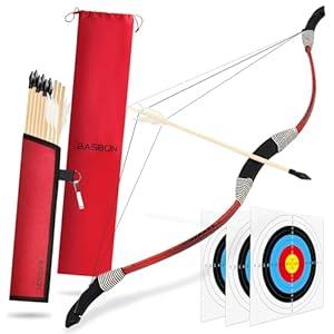 Kids Bow and Arrow Set, 33″ Archery Set Wrapped in Microfiber Leather Wooden Toy Bow and Arrow for Kids 6-8 8-12, 7 Wood Arrows, 3 Feathered Arrows (Rubber Tip), Gifts for Youth Boys Girls, Red