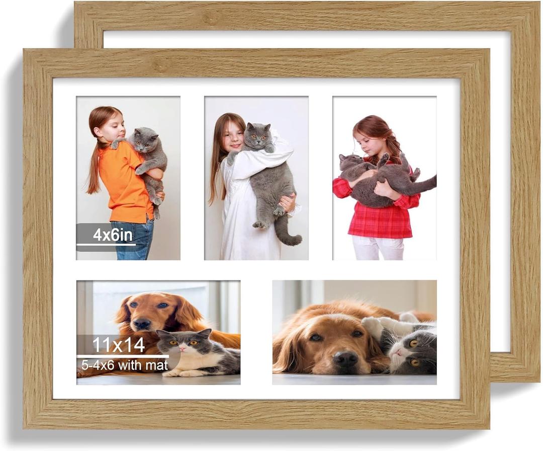 11x14 Picture Frame Set of 2, Natural Oak Wood Frame with Real Glass Collage Picture Frames, Display Pictures Five 4x6 With Mat or 11 x 14 Without Mat, Photo Frames Wall Gallery