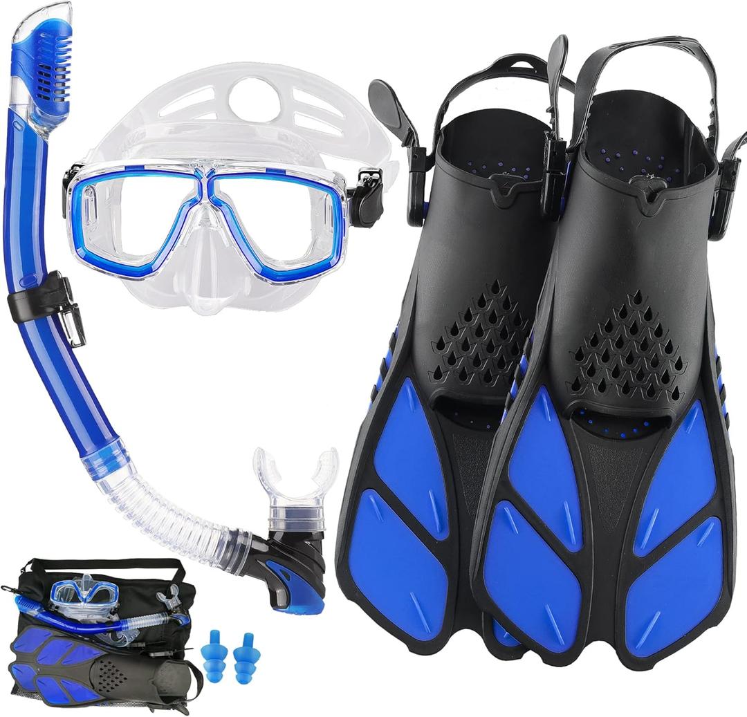 Mask Fin Snorkel Set for Adults Snorkeling Gear with Fins, Snorkel Goggles Anti-Fog Anti-Leak Diving Mask Dry Top Snorkel Adjustable Dive Flippers Kit with Gear Bag for Swimming Scuba Diving (Blue, ML/XL - 9-13)