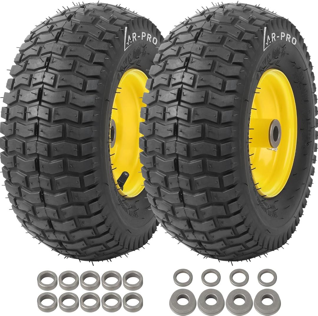 AR-PRO (2-Pack) 13x5.00-6 Front Tire and Wheel Assembly, 4-Ply Tubeless Turf Tire with Rim for Riding Mower Lawn Tractor, 3"-6" Offset Hub & 3/4" Bushings extra 5/8" Bushings (Yellow)