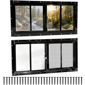 NeatiEase 2 Pack Sliding Windows, 8"x16" Shed Windows with Tempered Glass and Removable Fiberglass Screen for Chicken Coop, Shed, Basement, Playhouse, Household, Garage, Barns (Black)