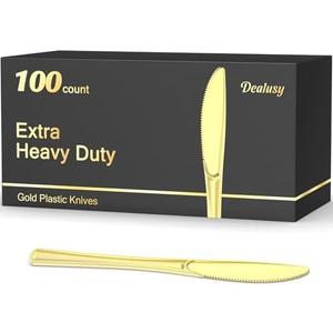 Dealusy 100 Count Heavy Duty Gold Plastic Knives Disposable, BPA-Free, Heat Resistant, Solid and Durable Premium Plastic Disposable Knives for Party Supply