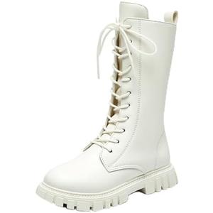 Girls Lace Up Mid Calf Combat Boots Fashion Round Toe Side Zipper Lug Sole Punk Goth Boot For Toddler Little Kid Big Kid (2, White)