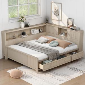 Merax Full Size Corner Bed Frame with 3 Drawers & Storage Shelves & Sliding Doors, Farmhouse Style Wood Platform Bed for Bedroom/Guest Room, No Box Spring Needed