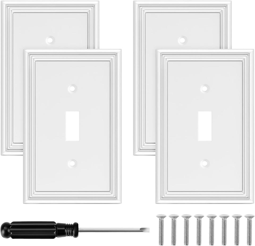White Modern Decorative Wall Plate Light Switch Cover Decorator Outlet Covers Rocker Switch Plates Bamboo Fiber Material Wall Plates for Kitchen Bathroom (1 Gang Single Toggle-4 Pack)