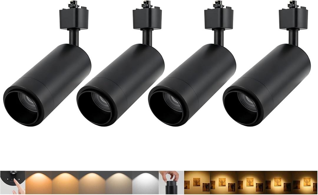 5CCT LED Track Lighting Heads Dimmable 20W 5CCT 2700K/3000k/3500k/4000k/5000k,Versatile H Track Lighting Heads,Zoomable Beam 15° to 60° Ideal for Accent Art and Task Lighting, (Black, 4 Pack)