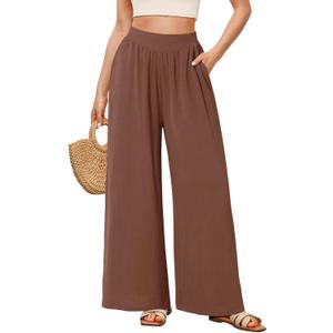 NIMIN Palazzo Pants for Women Wide Leg High Waisted Slack 2026 Summer Flowy Beach Casual Clothes with Pockets (Brown, L)