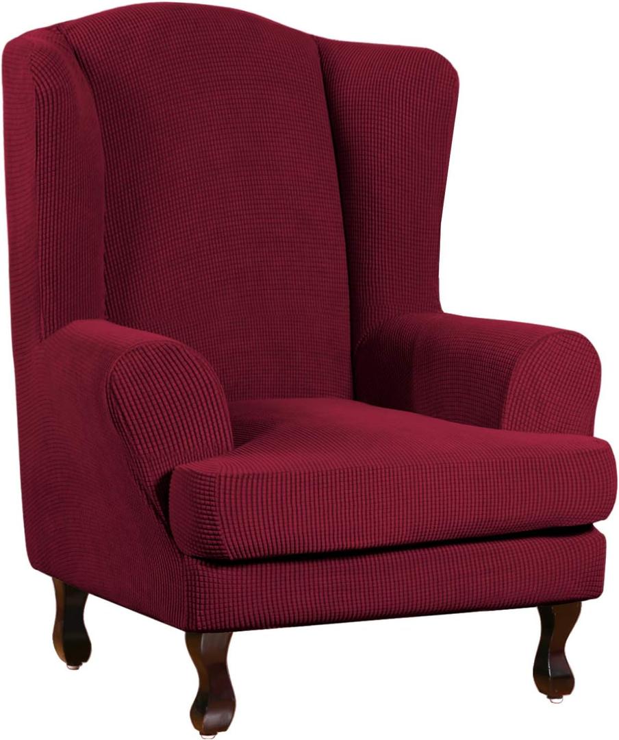 Turquoize Wingback Chair Covers 2 Piece Wing Chair Slipcover Stretch Slipcovers for Wingback Chairs Wing Chair Cover Spandex Jacquard Fabric with Elastic Bottom Non-Slip Furniture Cover, Burgundy