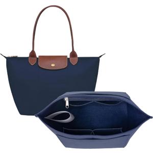 Purse Organizer Insert for Longchamp Le Pliage Tote Bag, Lightweight Felt Handbag Organizer with Cup Holder and Zipper Pocket, Compact Storage Insert for Totes and Handbags Blue-M