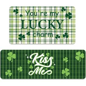 Breling St. Patrick's Day Kitchen Mats Set of 2, Lucky Green Plaid Clover Shamrock Kitchen Rugs Diatomaceous Soft Floor Absorbent Non-slip for Home Anniversary Wedding Party Decor 17x29 and 17x47 Inch